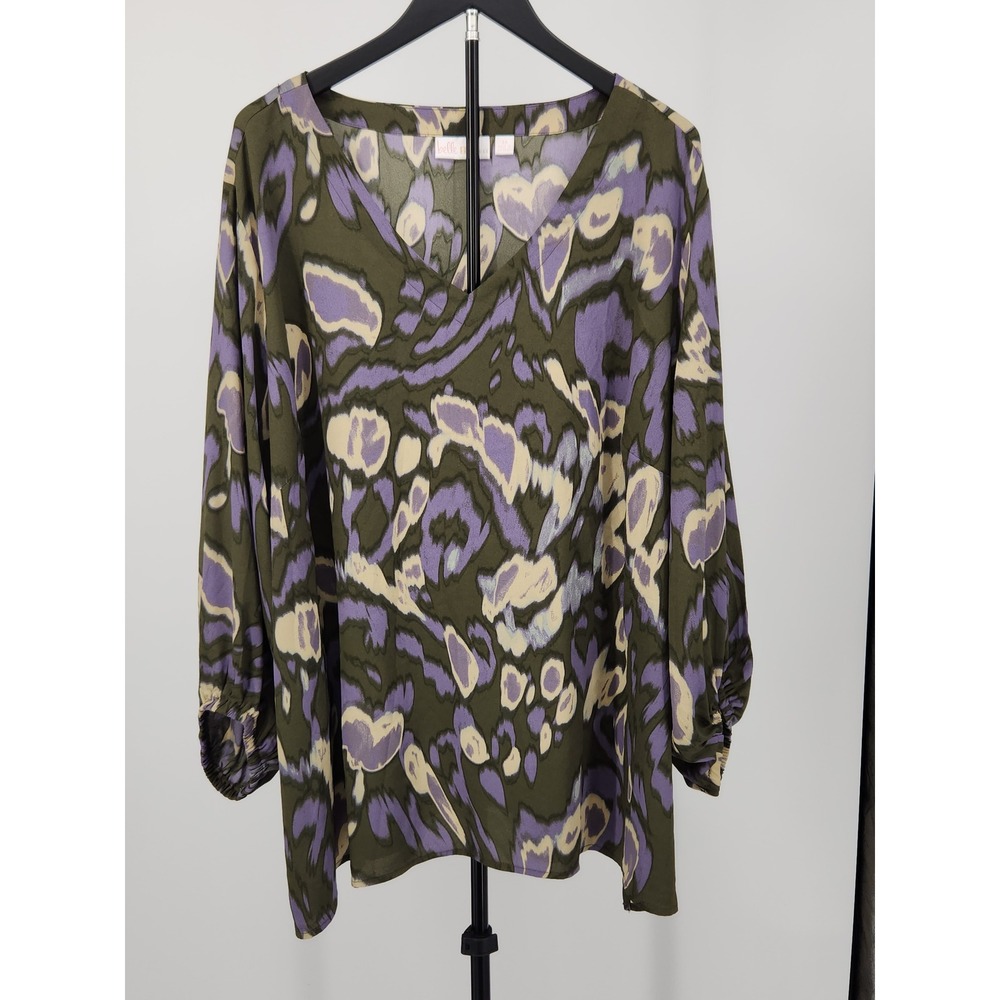 Belle by Kim Gravel Womens 4X V-Neck Blouse Abstract Print Olive Purple Top